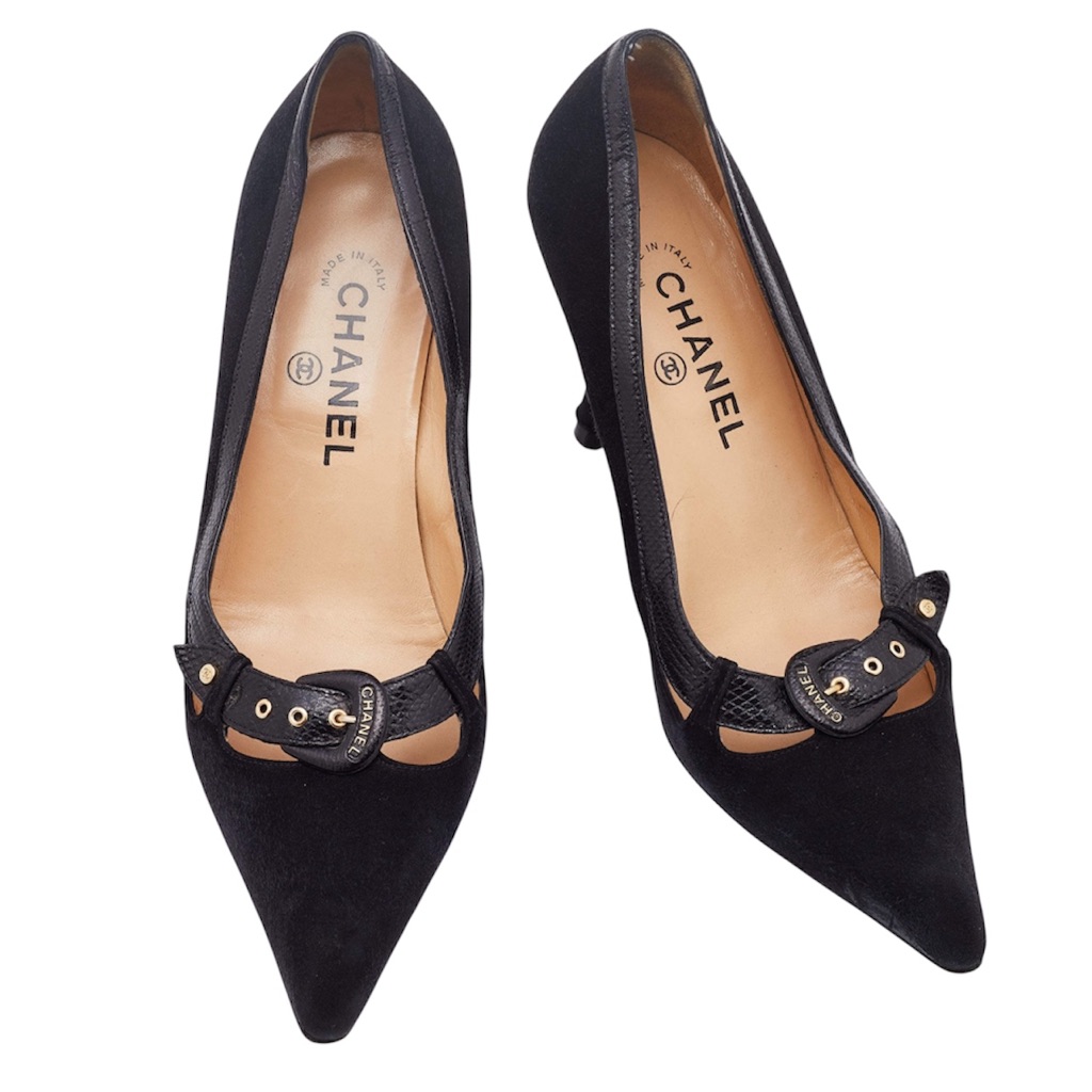 Chanel Vintage Black Suede And Karung Buckle Pumps / Size Eu 37 / Full Set